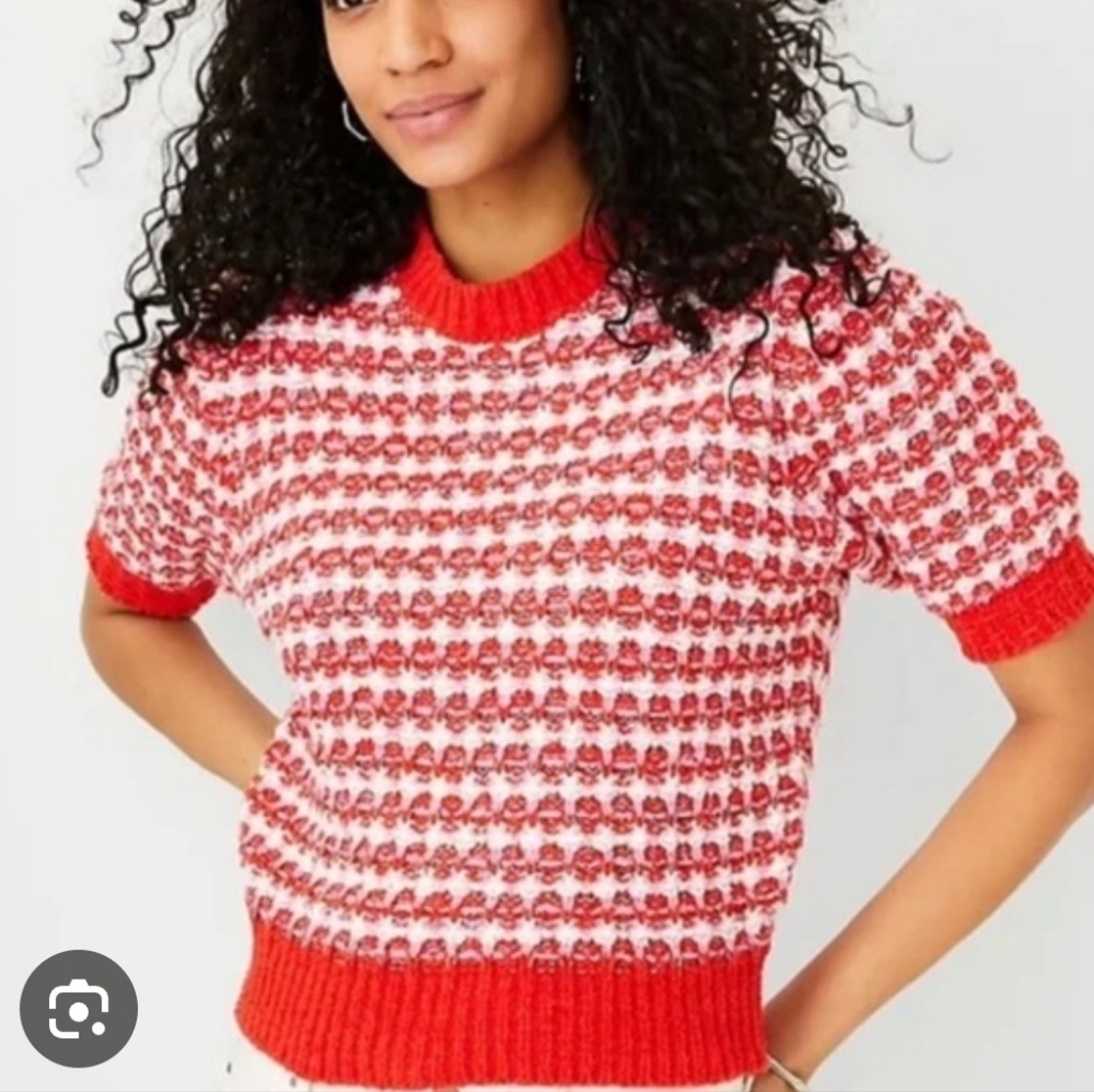 Ann Taylor Red and White Tweed Women's Sweater